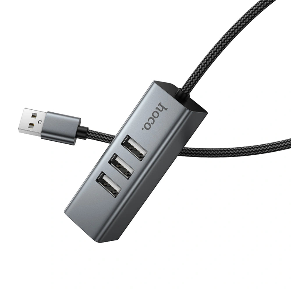 USB Hub Hoco HB1D 4-in-1 USB-A σε 3xUSB-A 2.0 + RJ45 εως 480Mbps Aluminum Alloy Γκρι