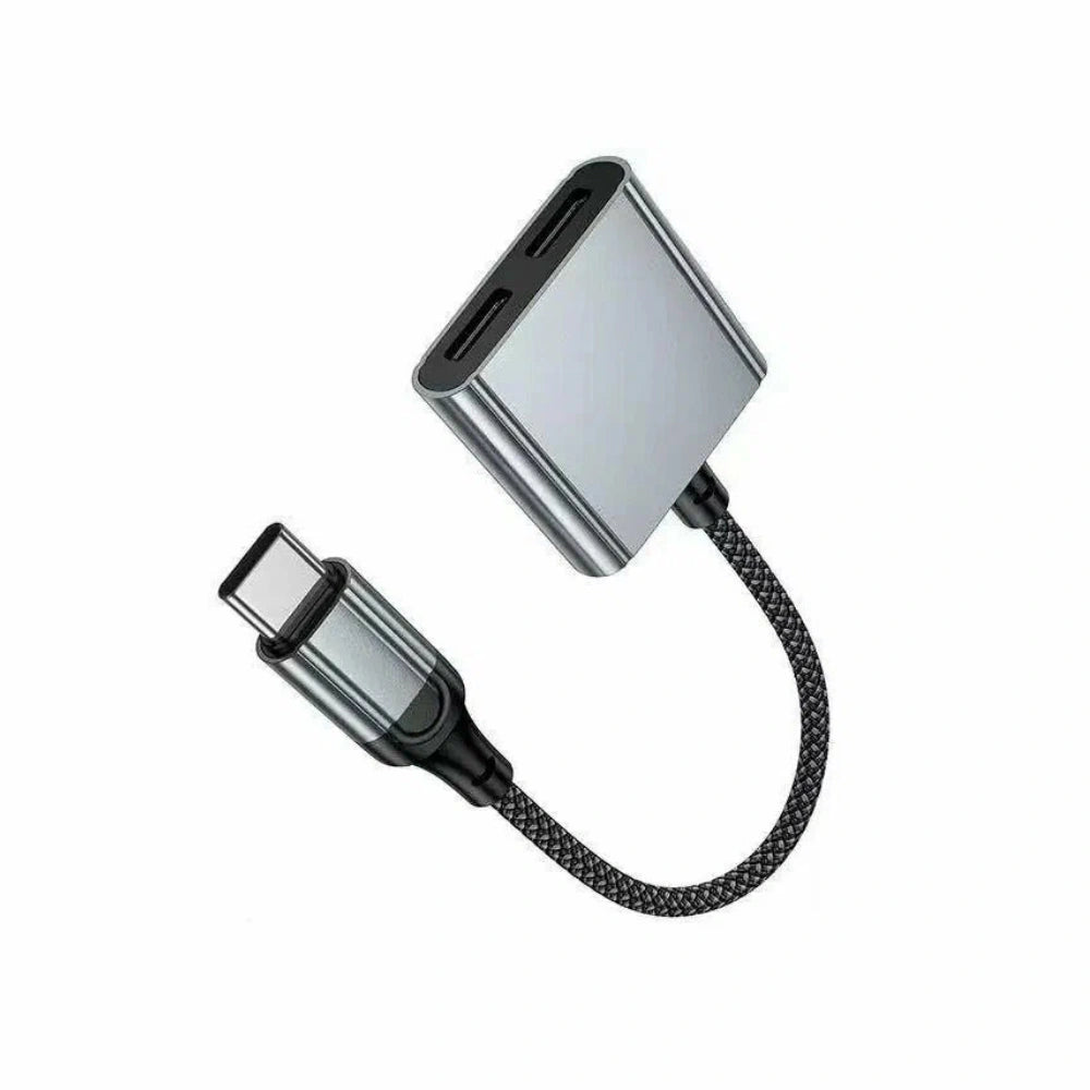 Αντάπτορας Hoco UPA34A USB-C με Διπλή Εξοδο σε 2xUSB-C για Τροφοδοσία και Ηχο με Braided Καλώδιο Γκρί