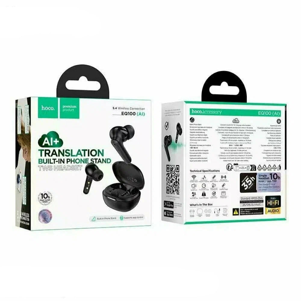 Wireless Hands Free Hoco EQ100 Intelligent TWS Dual Mic v5.4 500mAh 10 h Λειτουργίας και AI Μετάφραση σε 134 Γλώσσες με Βάση Κινητού Μαύρα