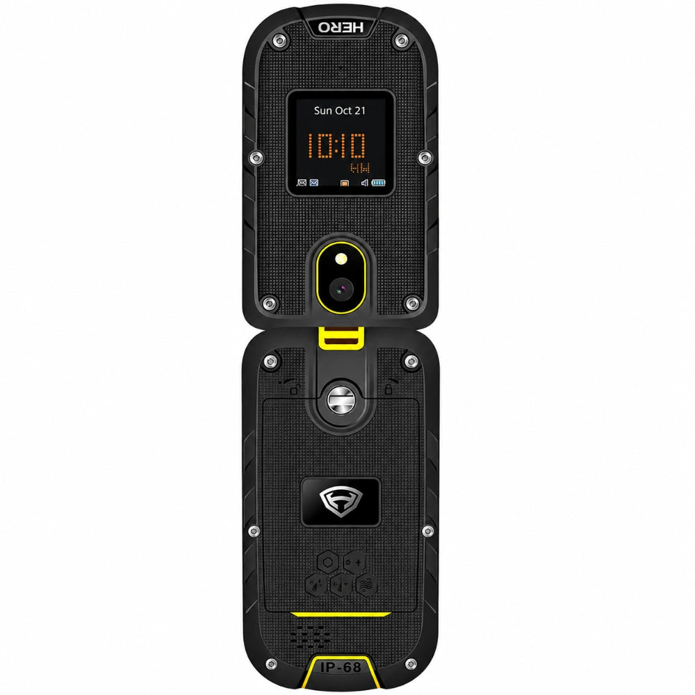 Noozy Hero 4G Dual Sim με Διπλή Οθόνη 2.4"+1.44" Bluetooth Φακό 1200mAh Μπαταρία IP68 Μαύρο-Κίτρινο με Ελληνικό Πληκτρολόγιο