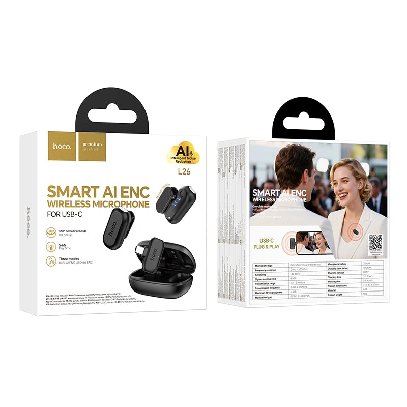 Σετ 2 Μικρόφωνα Πέτου Lavalier Ασύρματα Hoco L26 USB-C με AI Smart Μείωση Θορύβου 400mAh 6hrs Χρήσης Μαύρα