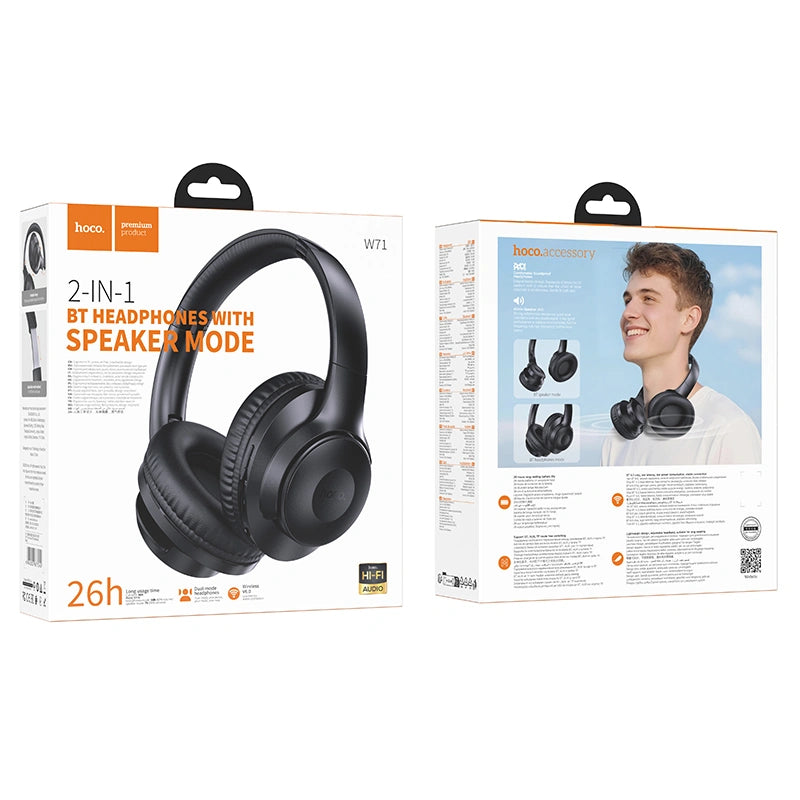 Wireless Ακουστικά Stereo Hoco W71 Cool v6.0 600mAh 26hr Χρήσης με Μικρόφωνο και Λειτουργία Ηχείου Μαύρα
