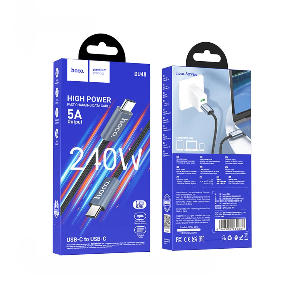 Καλώδιο Hoco. DU48 Times USB-C σε USB-C 240W 5A High Power Fast Charging Braided Μαύρο 1.8m