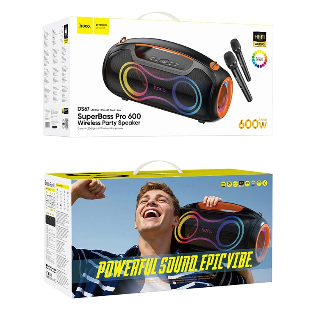 Φορητό Ηχείο Wireless Hoco. DS67 Cool Hi-Fi v5.4 6000mAh 600W AUX MicroSD USB με 2 Ασύρματα Μικρόφωνα και RGB Φωτισμό IPX5
