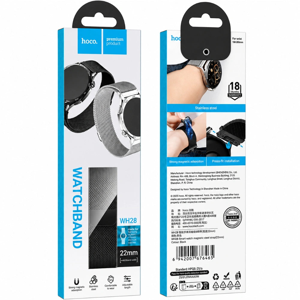 Watchband Hoco WH28 Pretty Series Steel Strap για Samsung Huawei Xiaomi Vivo OPPO κα 22mm Universal Μαύρο