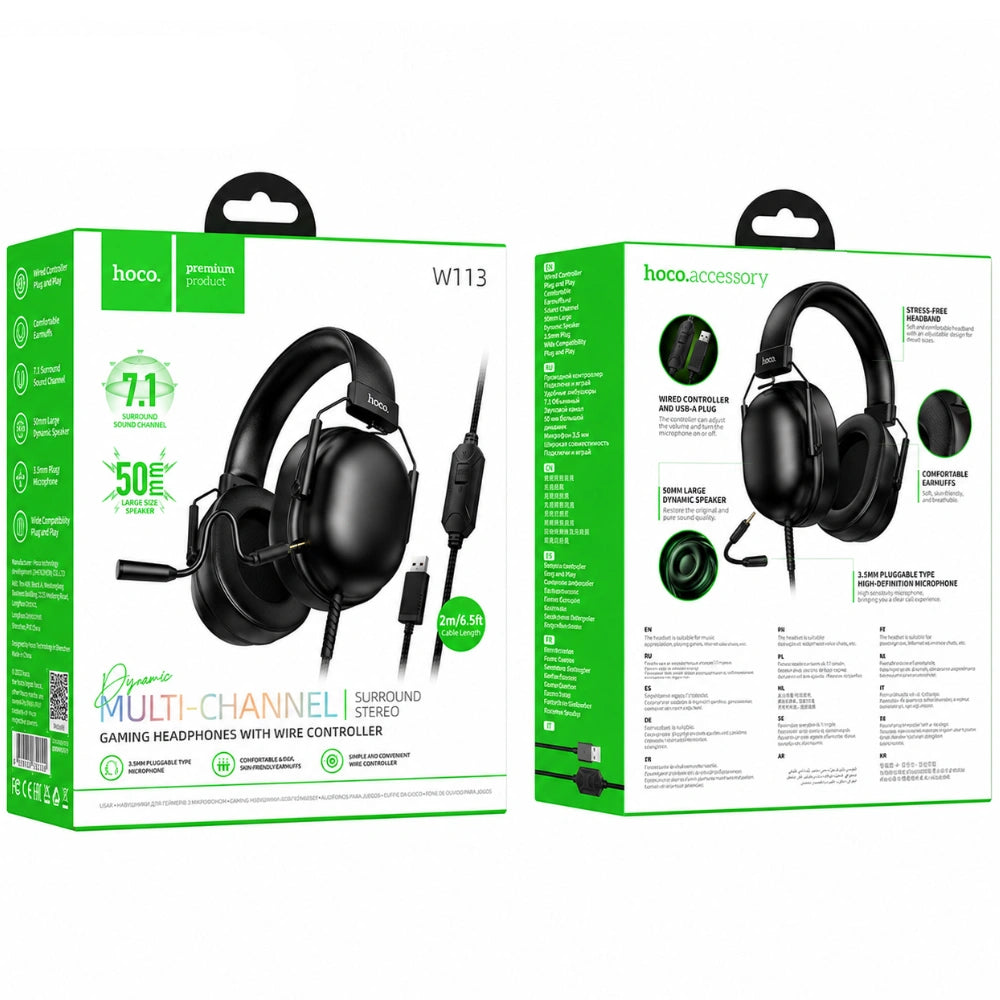 Ακουστικά Ενσύρματα Gaming Hoco W113 Dynamic Surround Stereo USB7.1 με Αποσπώμενο Μικρόφωνο Καλώδιο USB-A 2m Μαύρα
