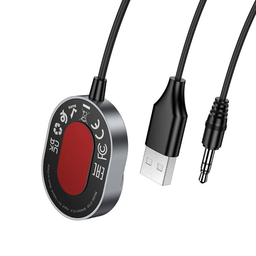 Bluetooth Audio Transmitter Hoco E150 Path v5.4 με AUX Τροφοδοσία USB-A Μικρόφωνο και Κουμπιά Ελέγχου Κλήσεων Γκρι