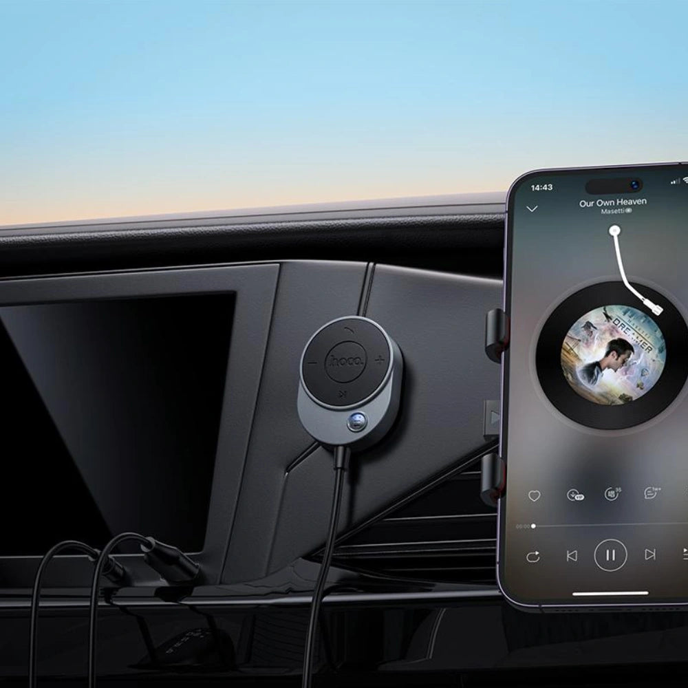 Bluetooth Audio Transmitter Hoco E150 Path v5.4 με AUX Τροφοδοσία USB-A Μικρόφωνο και Κουμπιά Ελέγχου Κλήσεων Γκρι