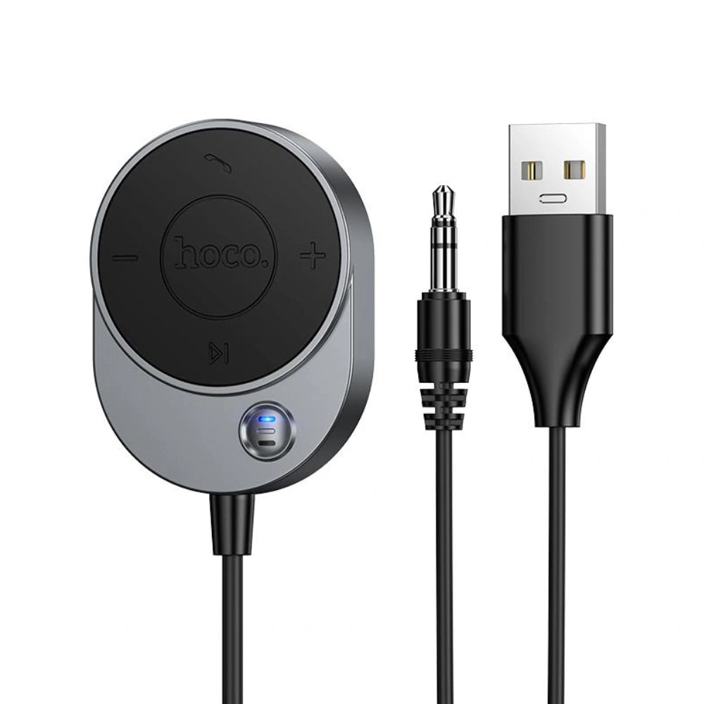 Bluetooth Audio Transmitter Hoco E150 Path v5.4 με AUX Τροφοδοσία USB-A Μικρόφωνο και Κουμπιά Ελέγχου Κλήσεων Γκρι