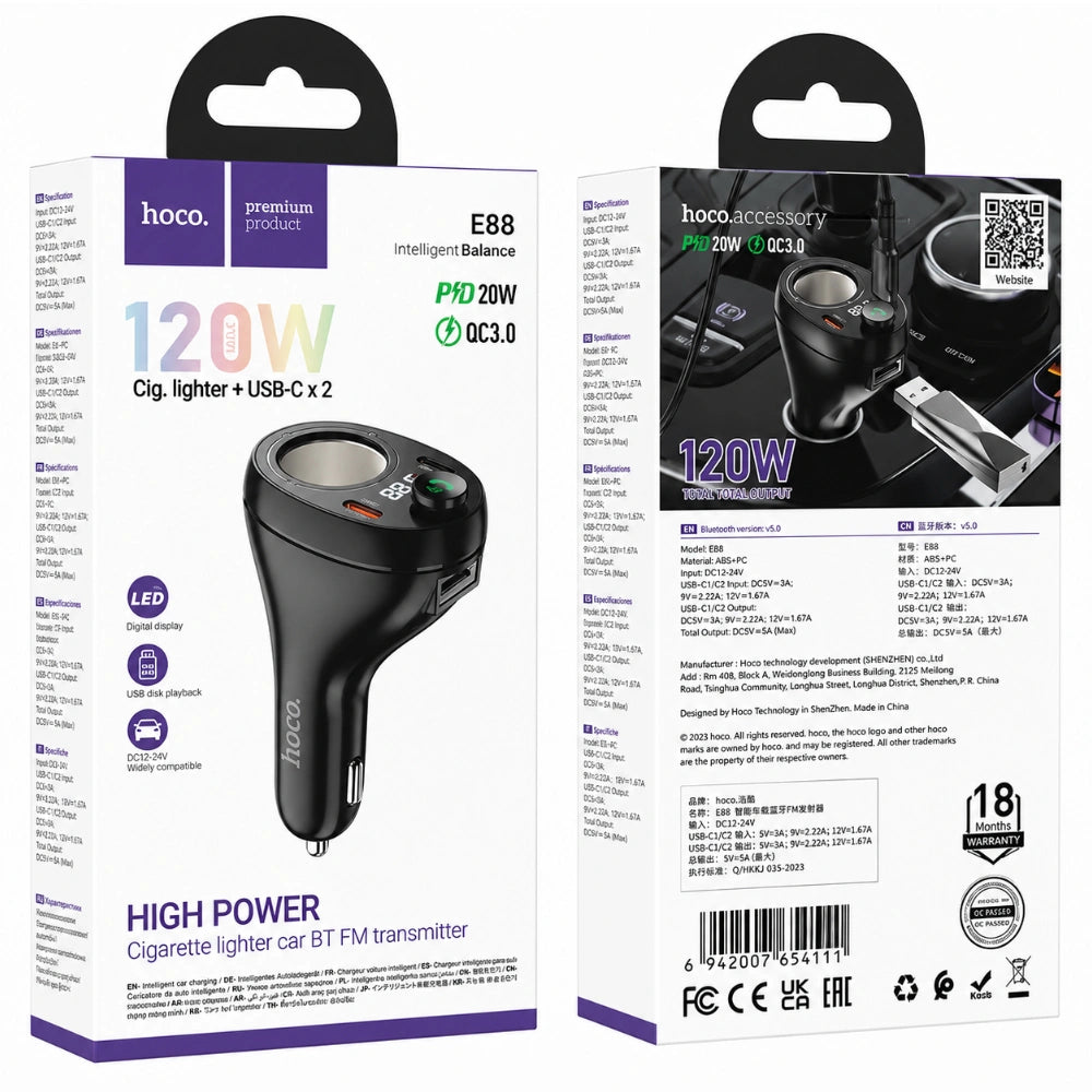 Bluetooth FM Transmitter Hoco E88 Star 120W με 1xUSB-A 2xUSB-C PD20W QC3.0 BT v5.4 με Υποδοχή Αναπτήρα Μαύρο