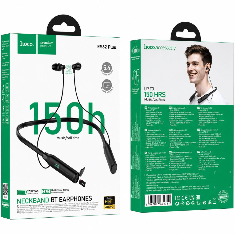 Bluetooth Hands Free Hoco ES62 Plus Neckband Magnetic v5.4 1200mAh 150Hrs Αναπαραγωγής TF Card LED Ένδειξη Μπαταρίας Μαύρα