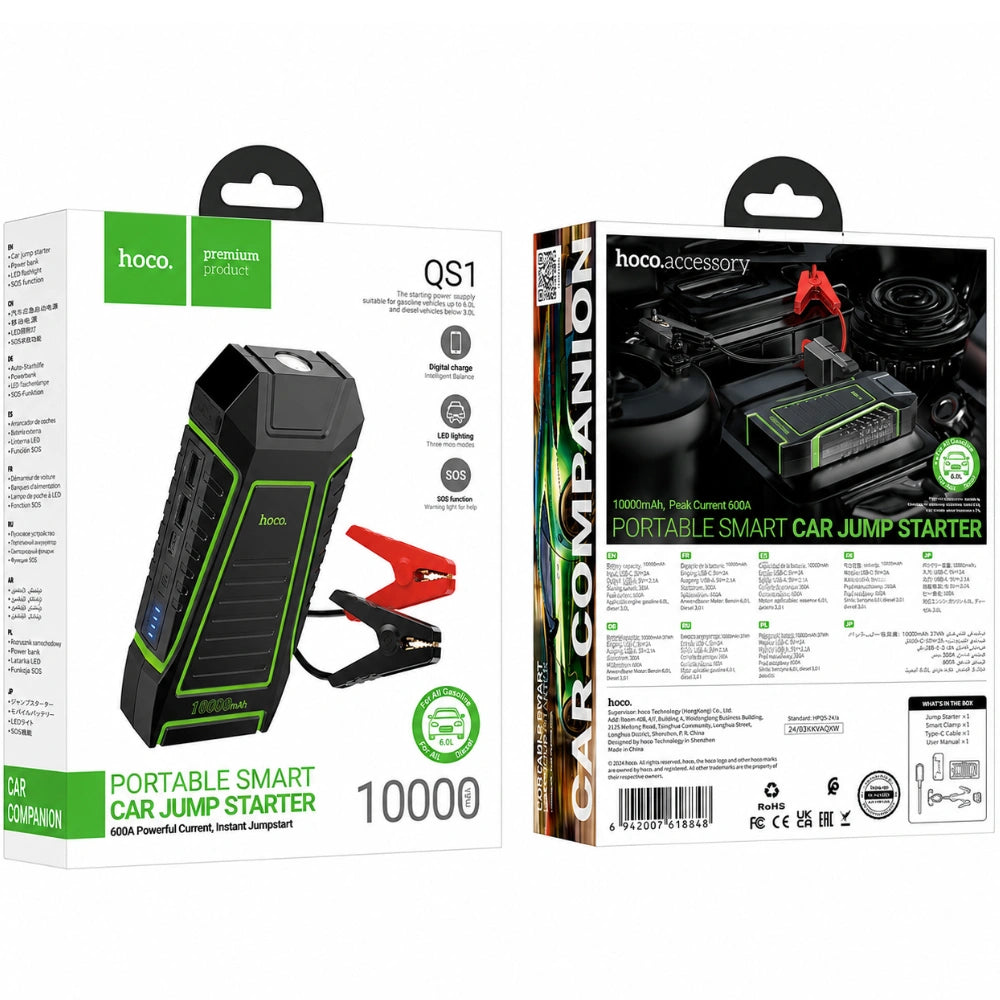 Εκκινητής Μπαταρίας Αυτοκινήτου Hoco QS1 600A και Power Bank 10000mAh 5V/2.4A 2xUSB-A 1xUSB-C με SOS Mode και Φακό Μαύρος