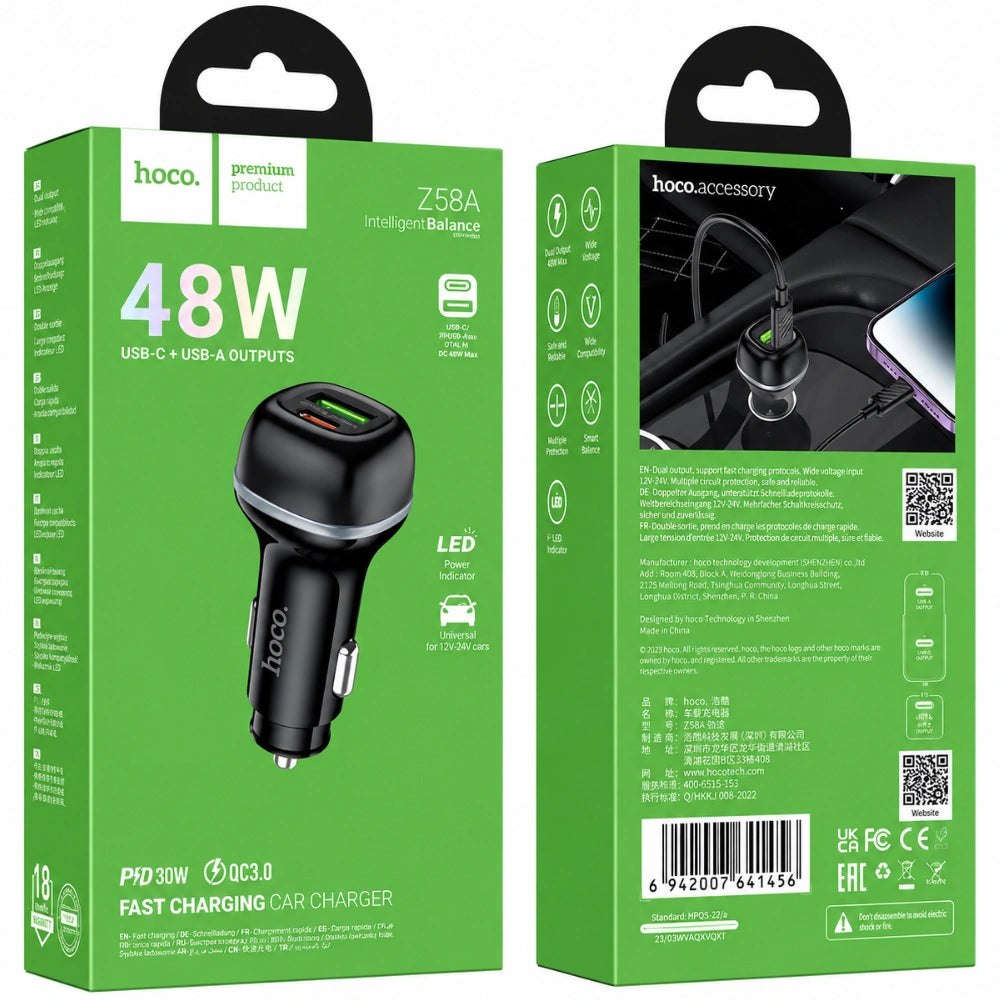 Φορτιστής Αυτοκινήτου Hoco Z58A Rank 48W 1xUSB-A 1xUSB-C PD QC3.0 Fast Charge Μαύρος