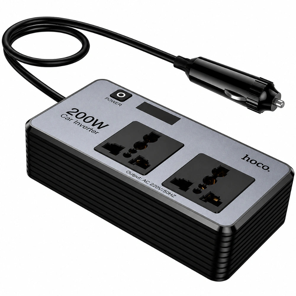 Φορτιστής Μετατροπέας 12V σε 220V Αυτοκινήτου Hoco Z66 με 2 Έξόδους 200W και 2xUSB-A 1xUSB-C 66W LED Display Καλώδιο 50cm Μαύρος