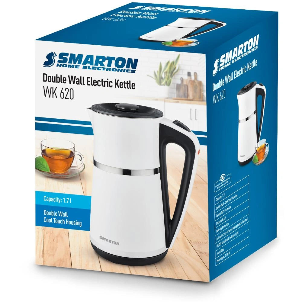 Βραστήρας Smarton WK 620 1.7lt 2200W με Διπλό Τοίχωμα Πλαστικό Σώμα Διακόπτη On/Off και Προστασία Υπερθέρμανσης Ασπρόμαυρος