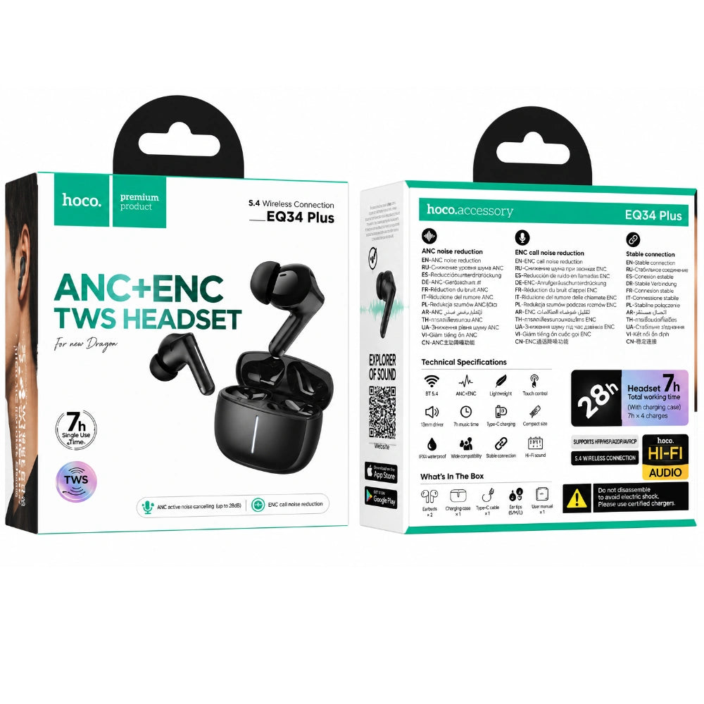 Wireless Hands Free Hoco EQ34 Plus Rima ANC+ENC v5.4 300mAh 7 Ώρες Λειτουργίας Μαύρα
