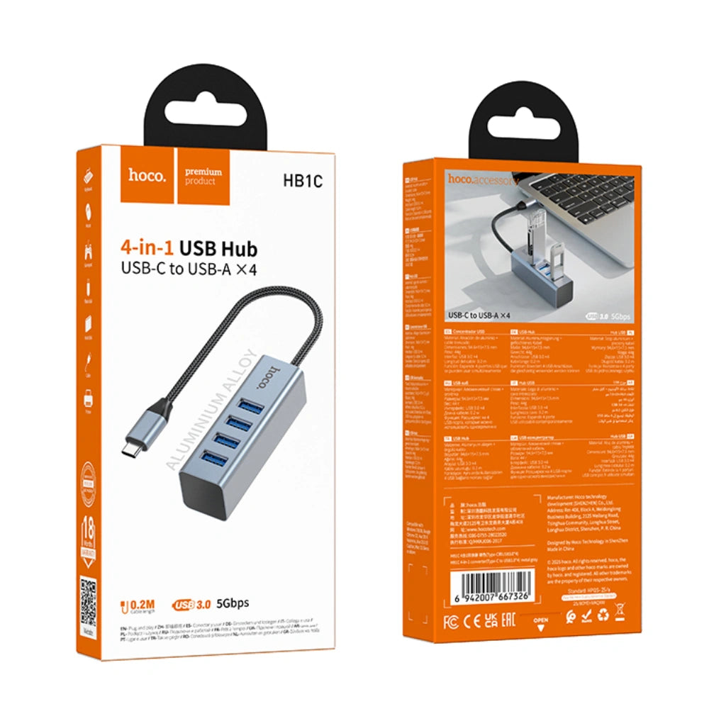 USB Hub Hoco HB1C 4-in-1 USB-C σε 4xUSB-A 3.0 Aluminum Alloy Γκρι