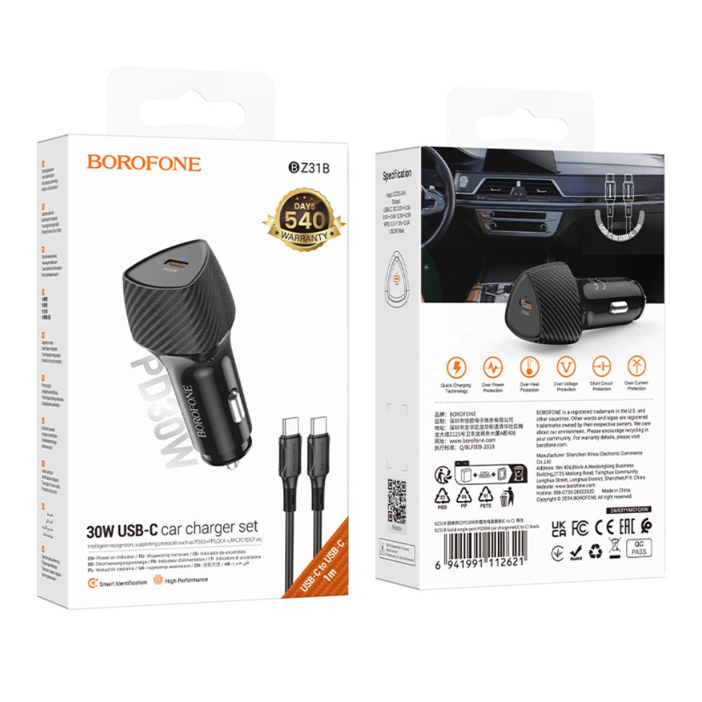 Φορτιστής Αυτοκινήτου Borofone BZ31B Solid USB-C PD30W με Καλώδιο USB-C σε USB-C 1m Μαύρος