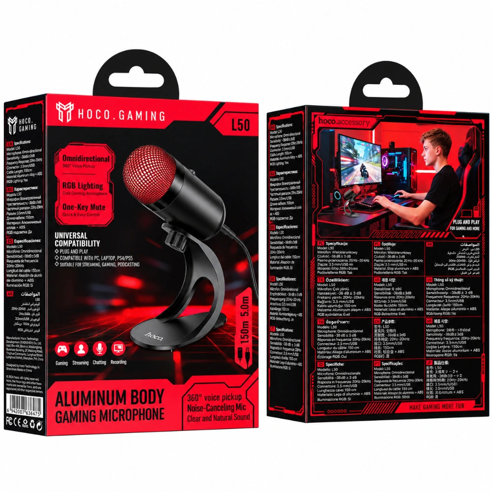 Επιτραπέζιο Μικρόφωνο Hoco L50 Profit για Streaming Gaming Video Calls RGB USB-C Πολυκατευθυντικό Μικρόφωνο Κουμπί Mute Μαύρο