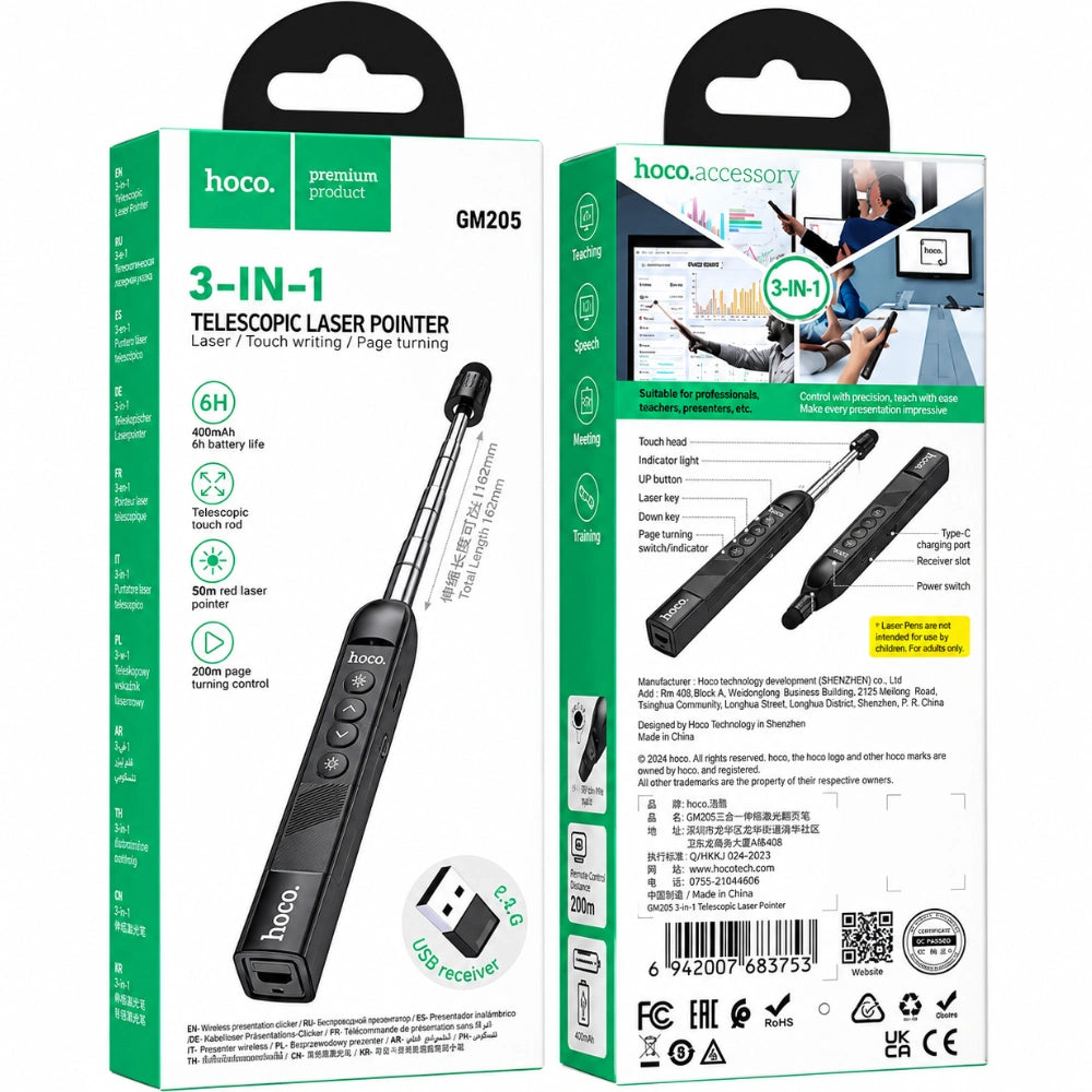 Hoco GM205 Smart Active Pen 2.4GHz 180mAh USB-A USB-C Ιδανικό για Έλεγχο Παρουσιάσεων με Laser και Τηλεσκοπικό Pointer έως 38.5cm Μαύρο