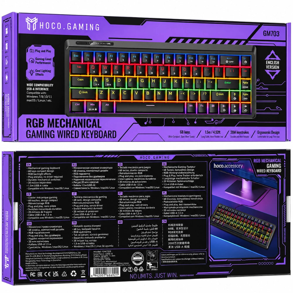 Ενσύρματο Gaming Μηχανικό Πληκτρολόγιο Hoco GM703 Rico 68 Πλήκτρων RGB Φωτισμό και Καλώδιο USB-C 1.5m