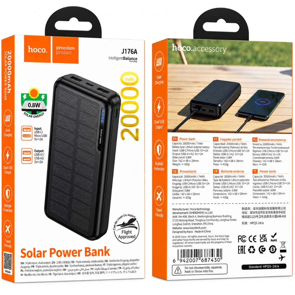Power Bank Hoco J176A Honorifico 20000mAh 10W 1xUSB-C 2xUSB-A 1xMicroUSB με Solar Panel Μαύρο