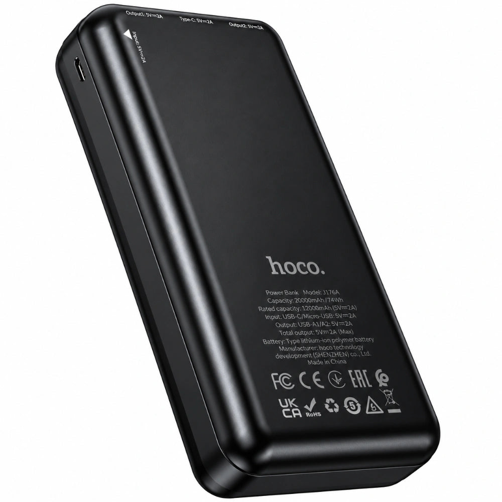 Power Bank Hoco J176A Honorifico 20000mAh 10W 1xUSB-C 2xUSB-A 1xMicroUSB με Solar Panel Μαύρο