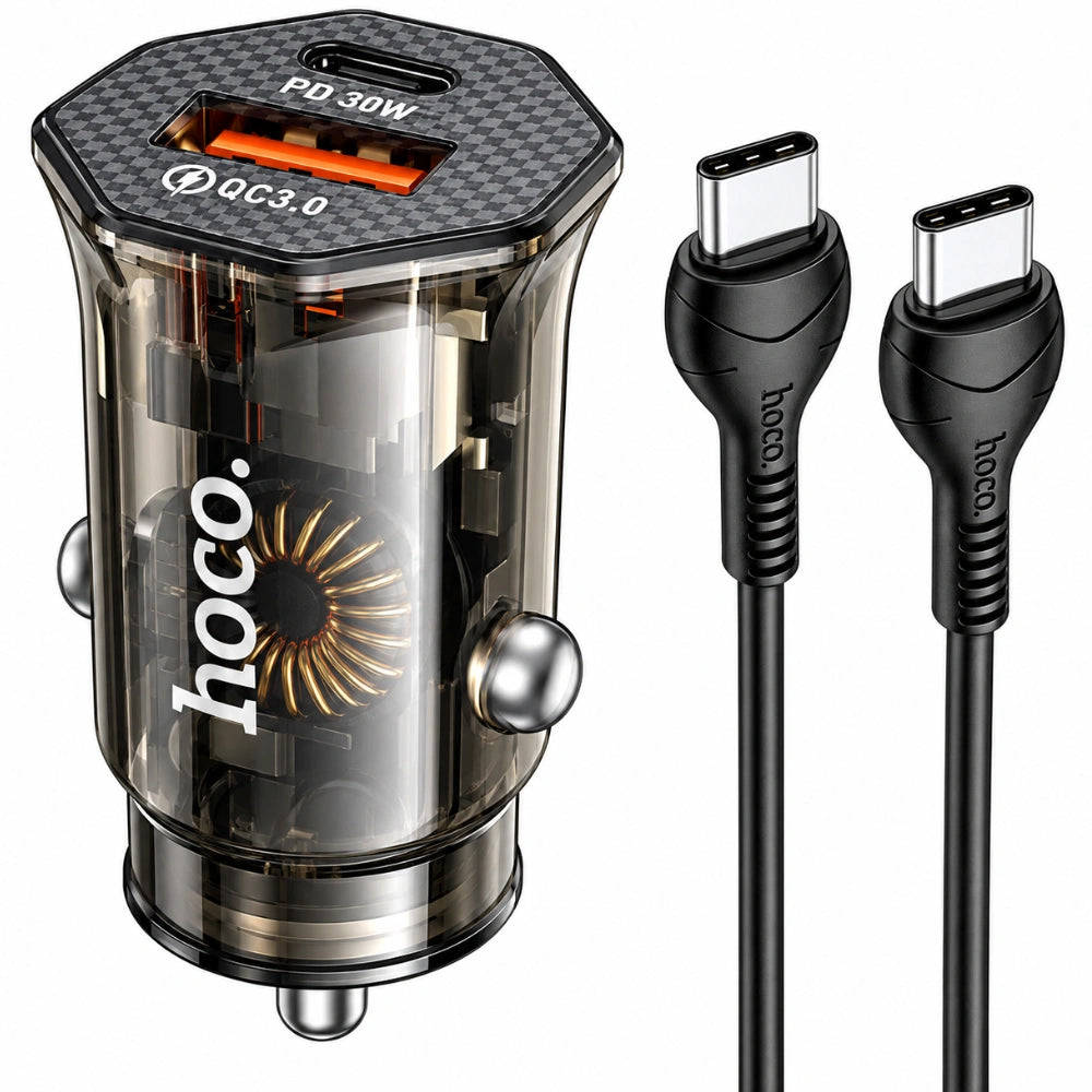 Φορτιστής Αυτοκινήτου Hoco. DZ16 Apex Lightweight USB-C PD30W + USB-A 18W QC3.0A με Καλώδιο USB-A σε USB-C Διάφανος Φιμέ
