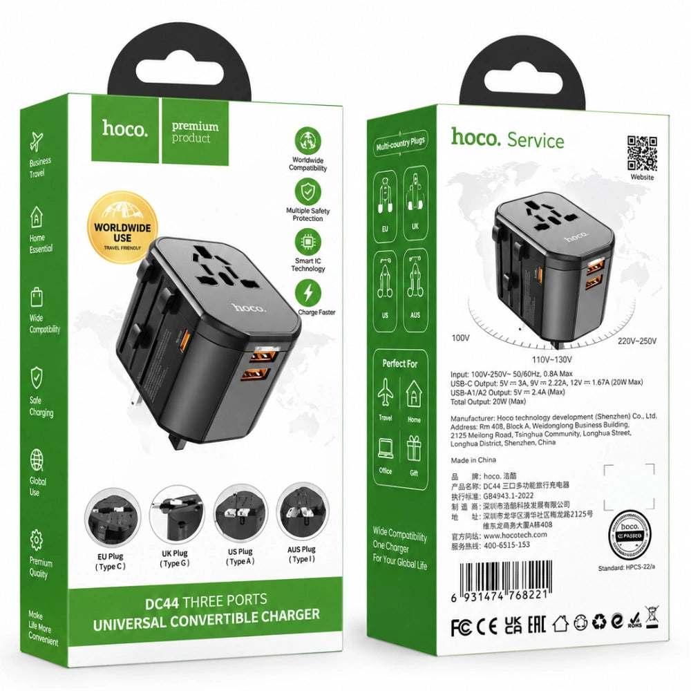 Φορτιστής Ταξιδίου Hoco. DC44 Universal Converter US EU AU UK με 2xUSB-A 1xUSB-C PD20W Μαύρος