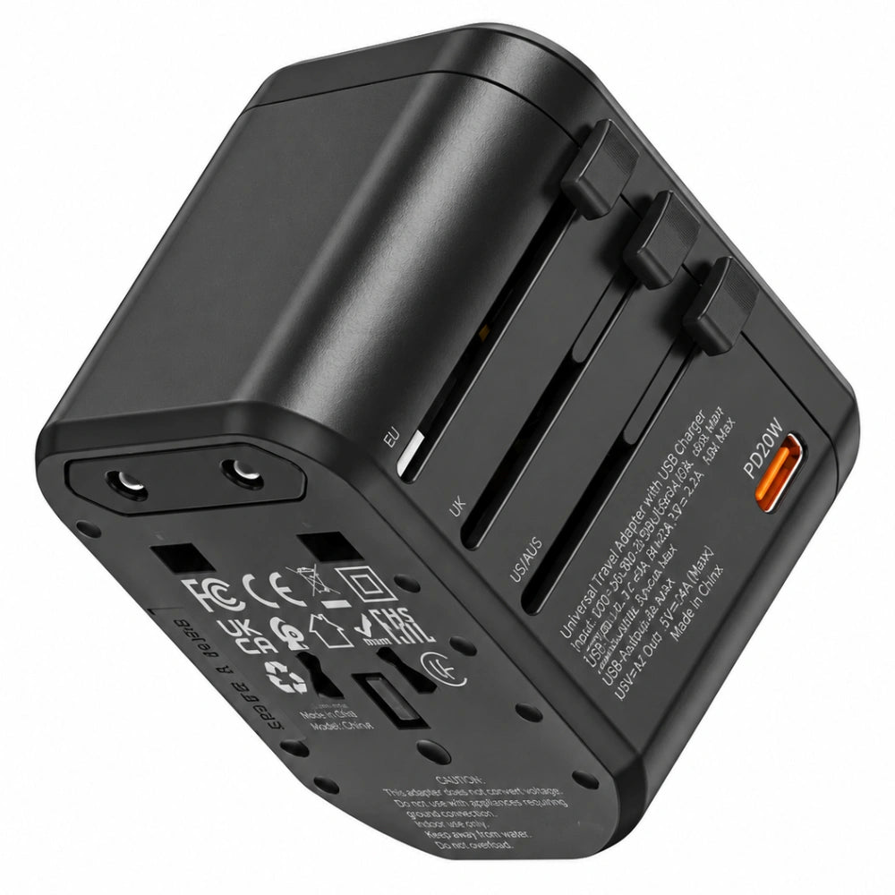 Φορτιστής Ταξιδίου Hoco. DC44 Universal Converter US EU AU UK με 2xUSB-A 1xUSB-C PD20W Μαύρος