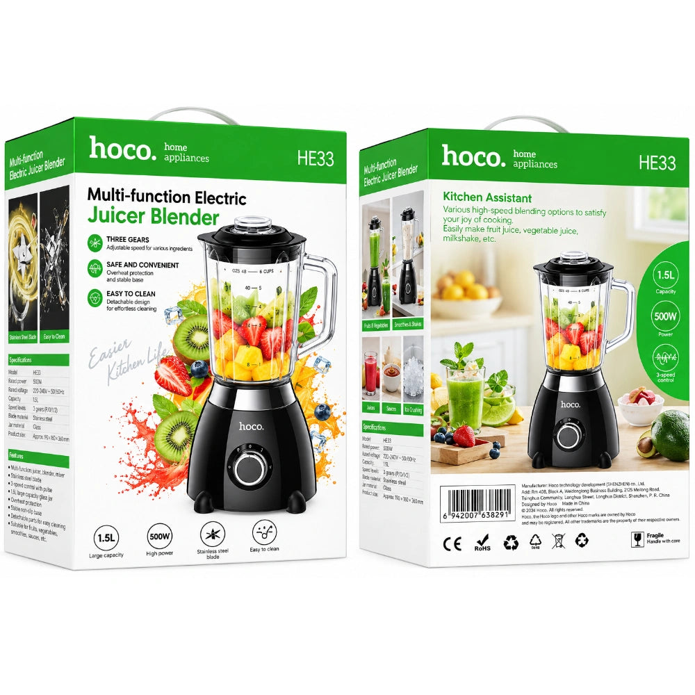 Μπλέντερ Hoco. HE33 Retro 1.5lt 500W με Λεπίδες απο Ανοξείδωτο Ατσάλι Γυάλινη Κανάτα 2 Ταχύτητες + Pulse Μαύρο