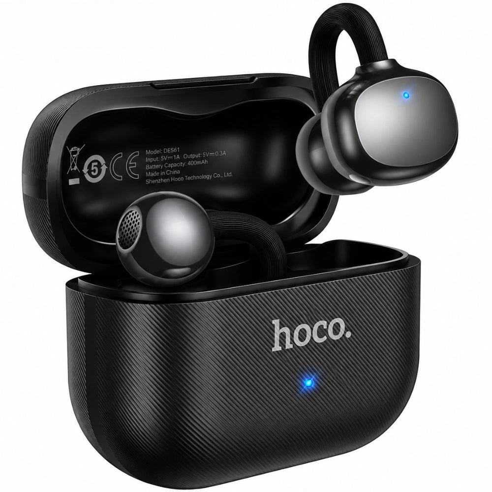 Wireless Hands Free Open-Ear Hoco. DES61 Cool TWS v6.0 250mAh 6h Ώρες Λειτουργίας Μαύρα με Μαύρο Silicon Sleeve