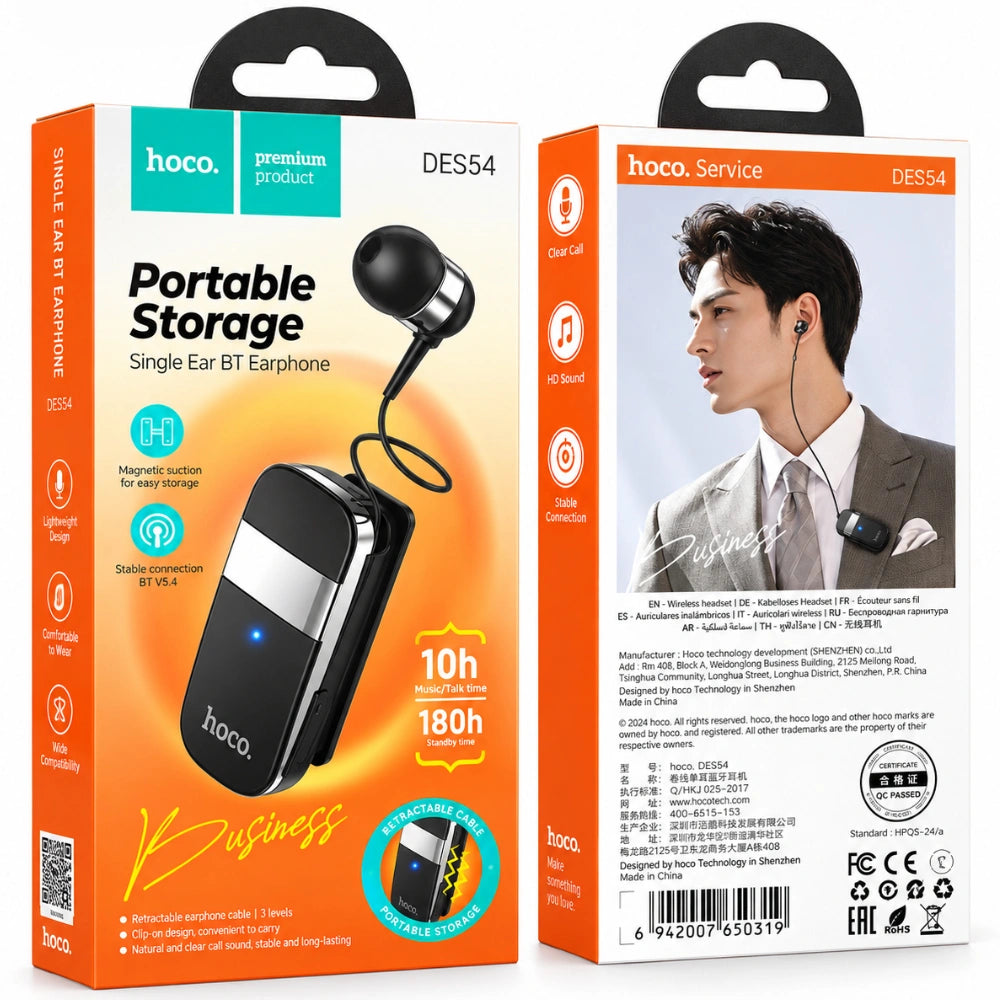 Bluetooth Hands Free Hoco. DES54 String v5.4 70mAh 10hr Talk Time Μήκος Καλωδίου 30cm Μαύρο
