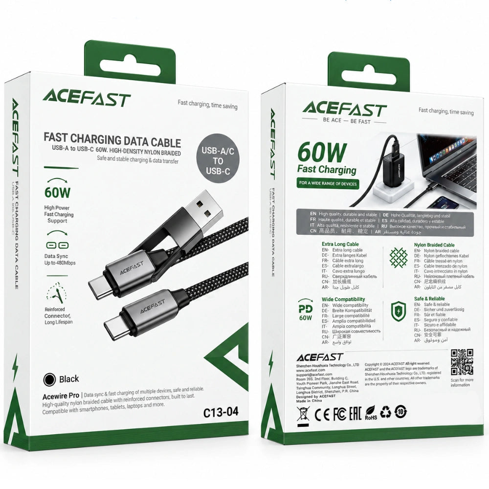 Καλώδιο Acefast C13-04 USB-C σε USB-C / USB-A 3A 60W Braided Μαύρο 1.2m