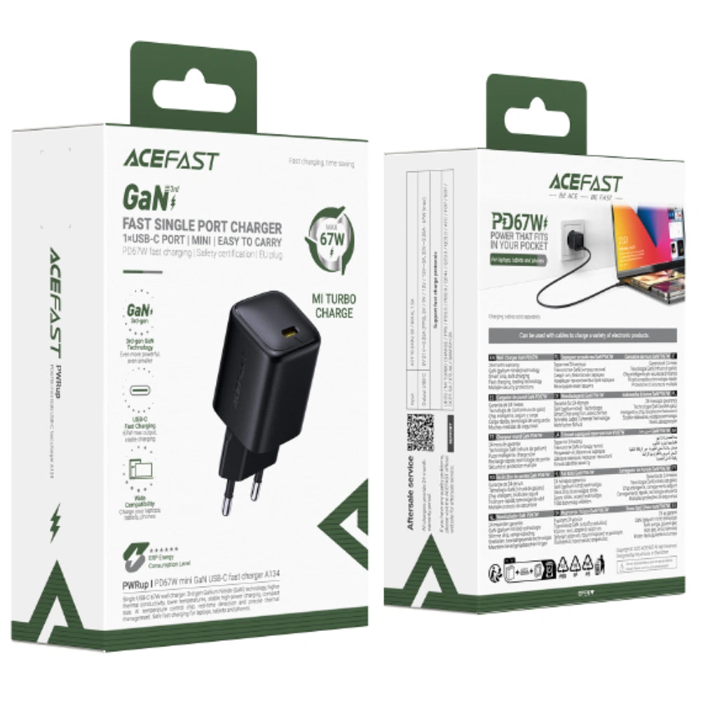 Φορτιστής Ταξιδίου Acefast A134 Mini Fast Charging 1xUSB-C PD67W QC3.0 GaN Μαύρος