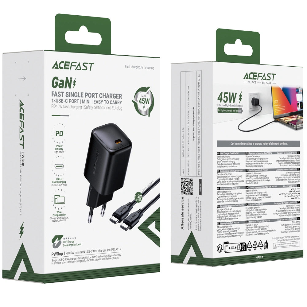 Φορτιστής Ταξιδίου Acefast A119 Mini Fast Charging 1xUSB-C PD45W QC3.0 GaN  με Καλώδιο USB-C σε USB-C 1.2m Μαύρος
