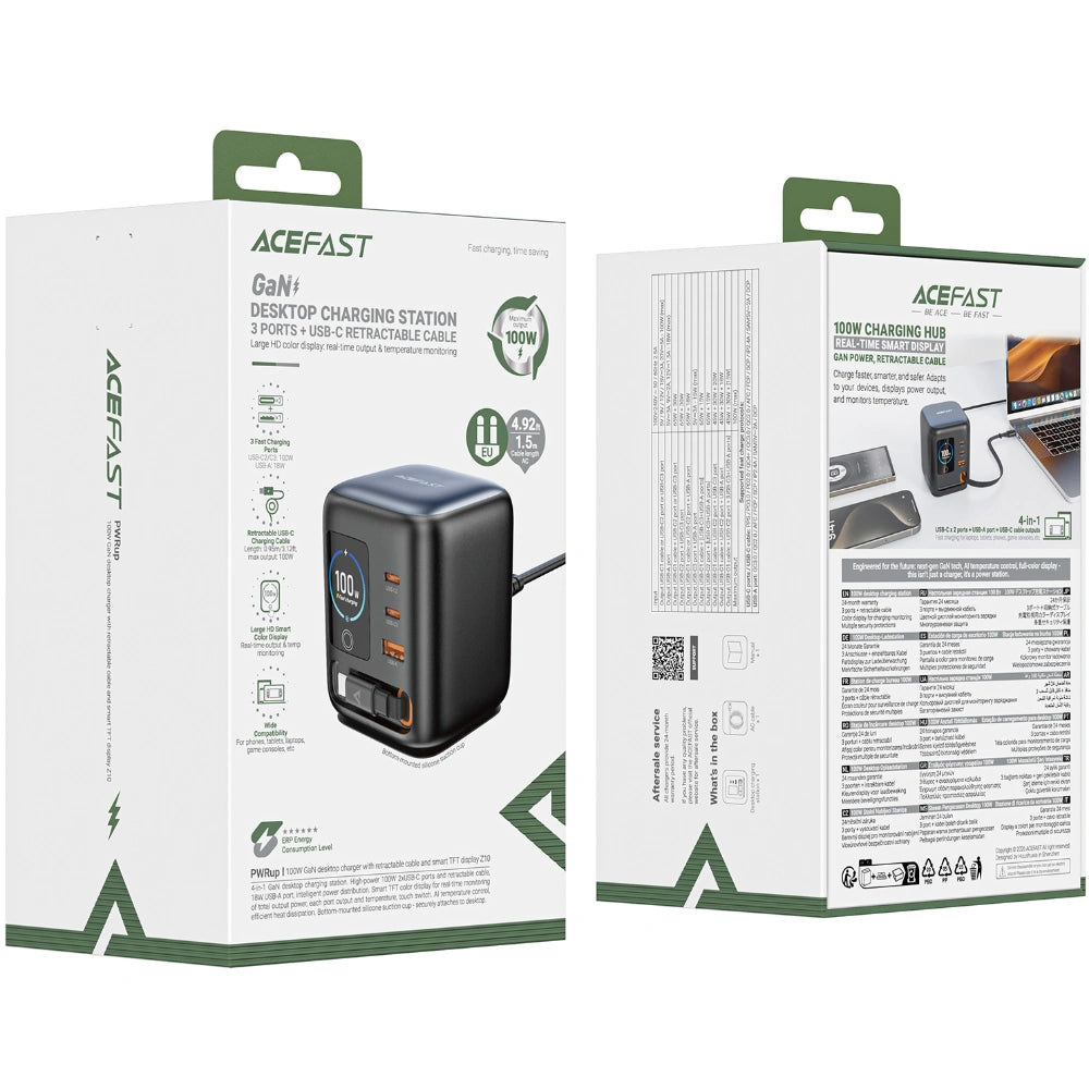 Επιτραπέζιος Φορτιστής Acefast Z10 100W 2xUSB-C 1xUSB-A 1xUSB-C GaN Ενσωματωμένο Καλώδιο και Smart LED Digital Display Μαύρος