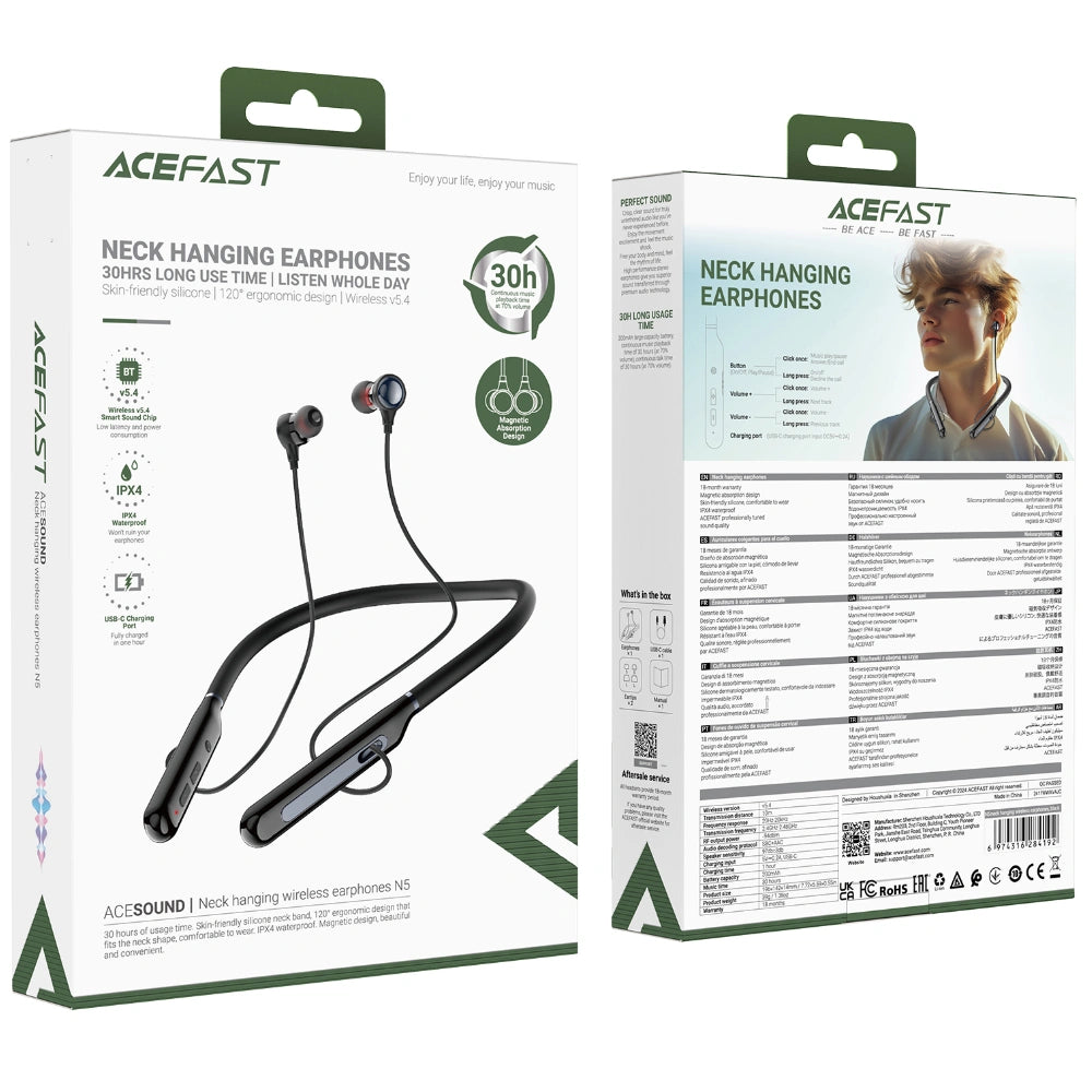 Bluetooth Hands Free Acefast N5 Neckband Magnetic v5.4 200mAh 30Hrs Αναπαραγωγής IPX4 Μαύρα