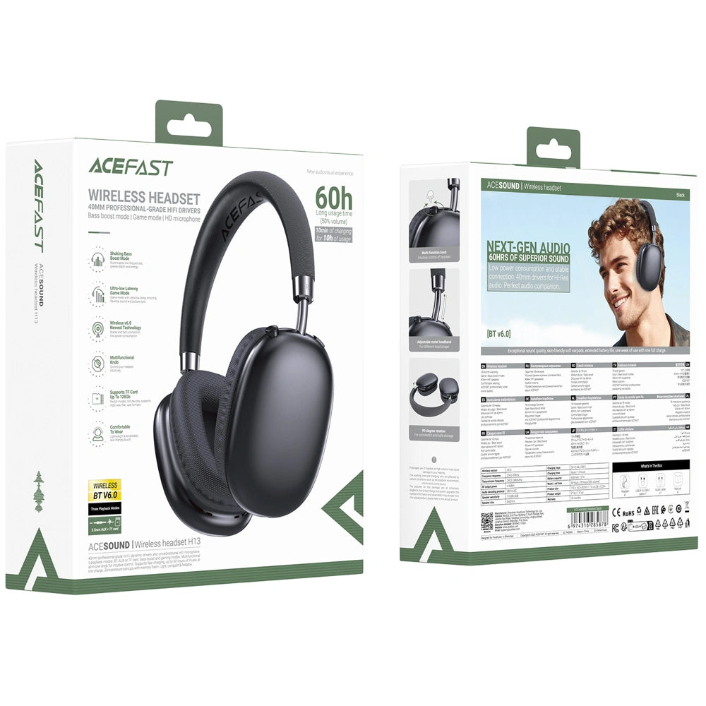 Wireless Ακουστικά Stereo Acefast H13 ENC v6.0 400mAh 60hrs Αναπαραγωγής TF Card AUX Μαύρα