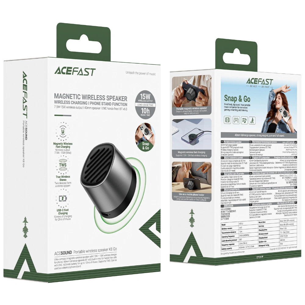 Φορητό Ηχείο Wireless Acefast K8 Go TWS ENC v6.0 600mAh 5W με Μαγνητική Βάση για Ασύρματη Φόρτιση 15W IPX4 Μαύρο