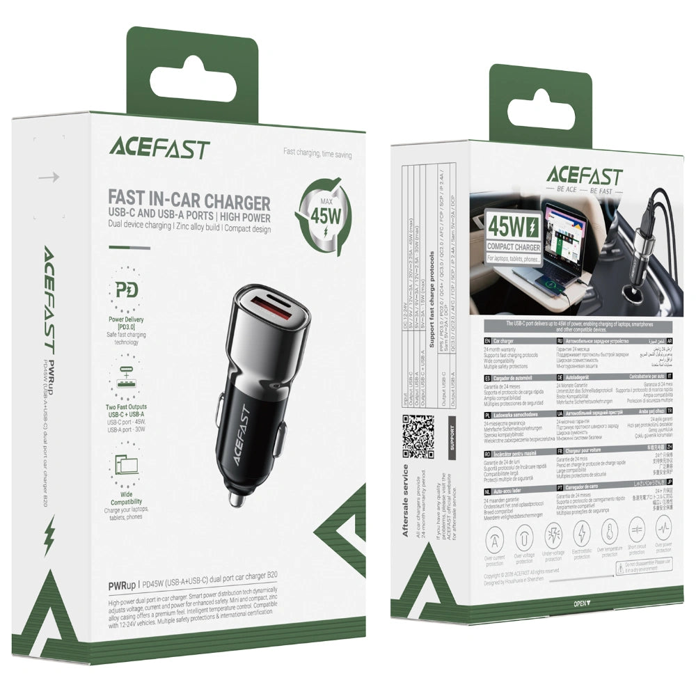 Φορτιστής Αυτοκινήτου Acefast B20 PD45W 1xUSB-A 1xUSB-C Μαύρος
