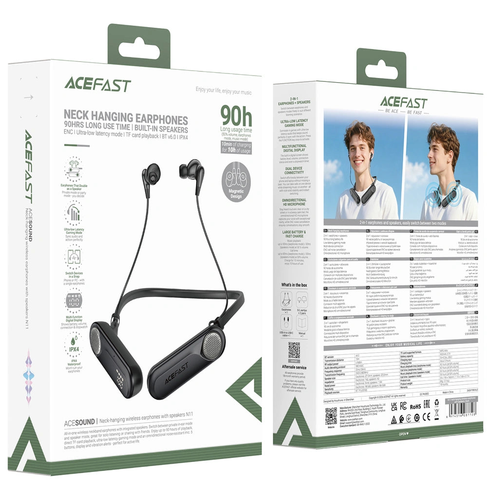 Bluetooth Hands Free Acefast N11 Neckband ENC v6.0 900mAh TF Card 90hrs Αναπαραγωγής με Ενσωματωμένα Ηχεία 1.5W και Δόνηση IPX4 Μαύρα
