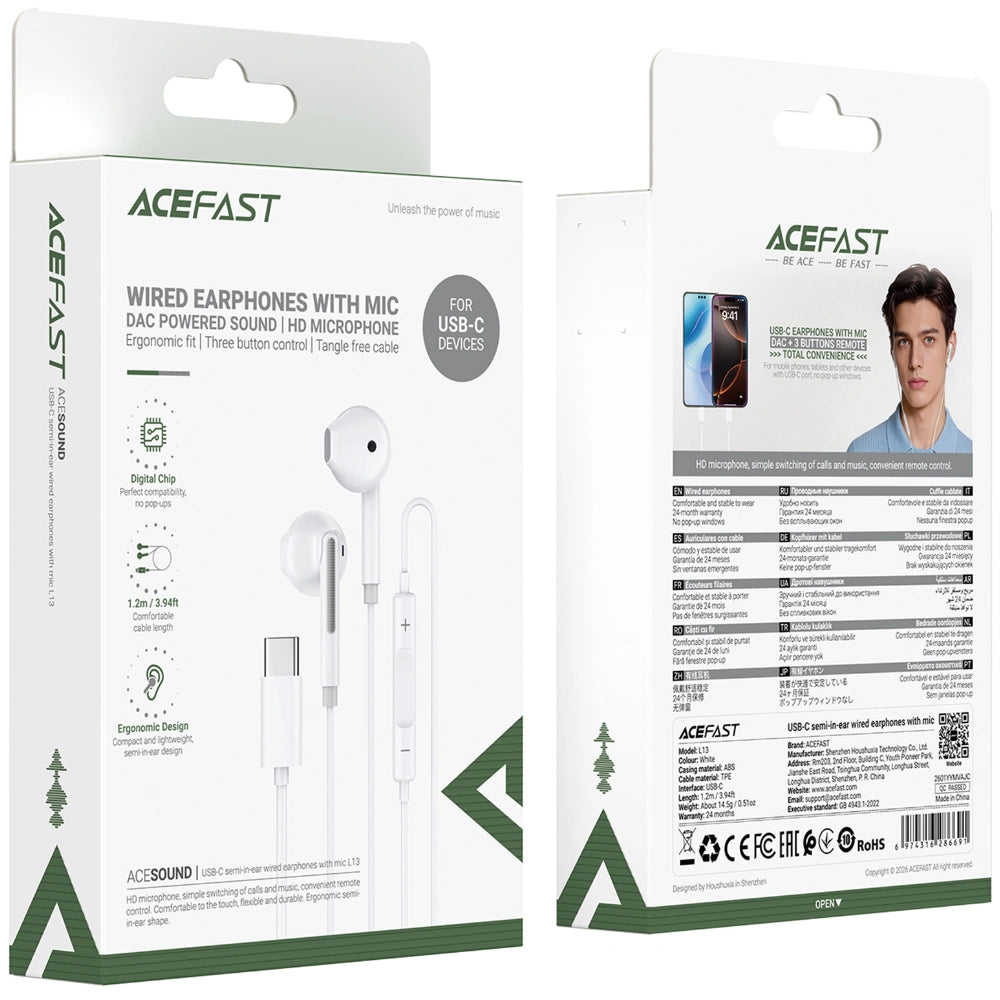 Hands Free Acefast L13 Earphones Stereo USB-C με Μικρόφωνο Λευκά 1.2m