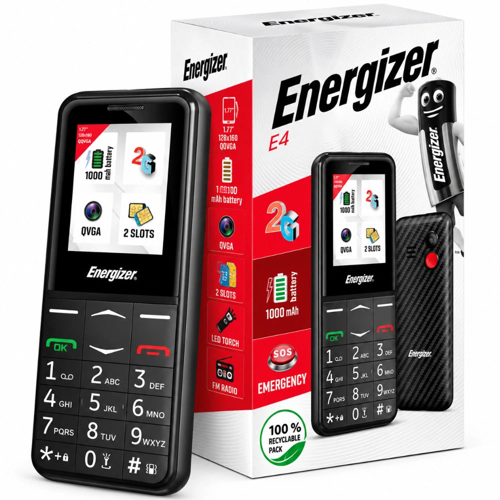 Energizer Feature E4 32MB/2GB Dual Sim 2G 1.77" Μαύρο με πλήκτρο SOS, Handsfree,Φορτιστή UK και EU