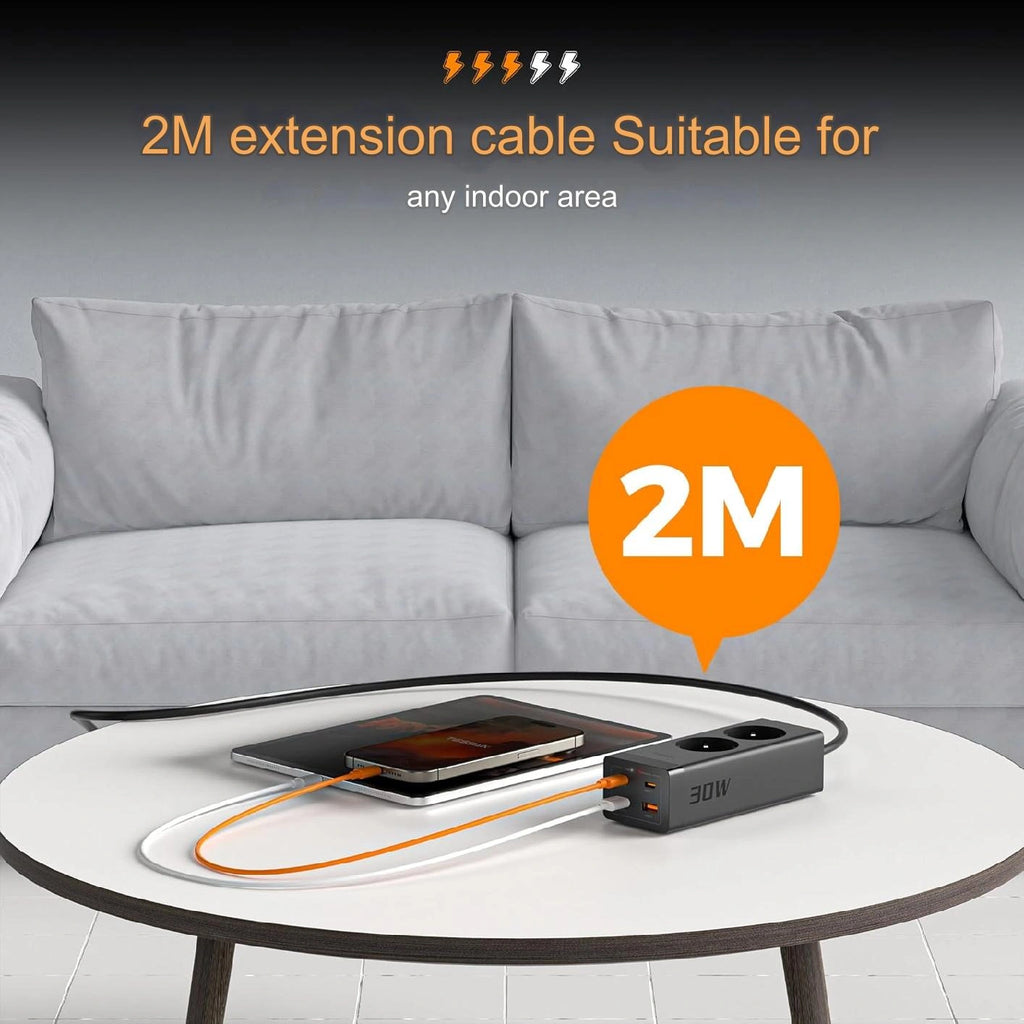 TESSAN 6 IN 1 POWER STRIP 2xSCHUKO 2xUSB 2xTYPE-C 30W WITH CABLE 2M BLACK