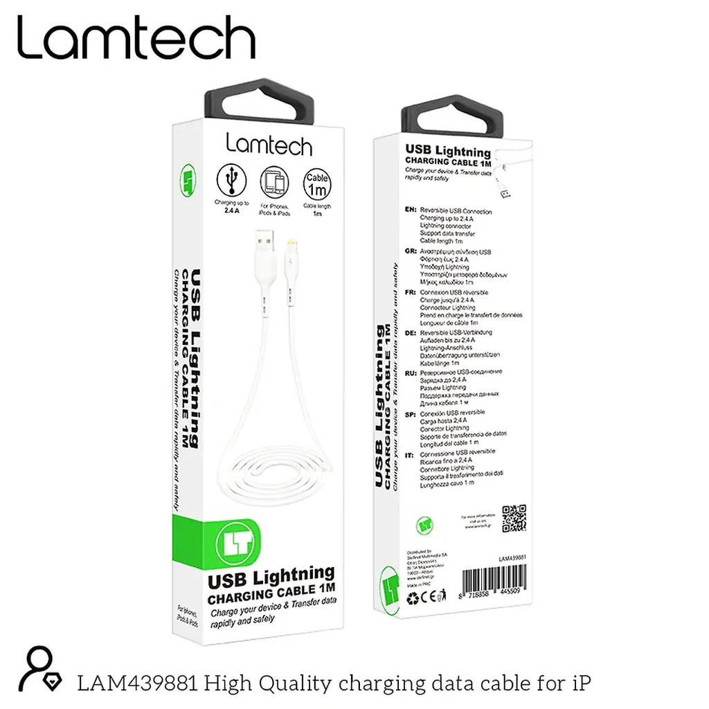 LAMTECH CHARGING & DATACABLE LIGHTNING 1M WHITE