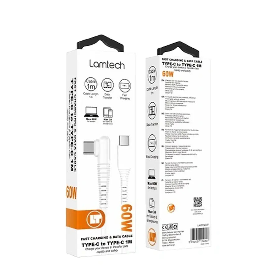 LAMTECH TYPE-C TO TYPE-C 60W ANGLED DATA & CHARGE CABLE 1M WHITE