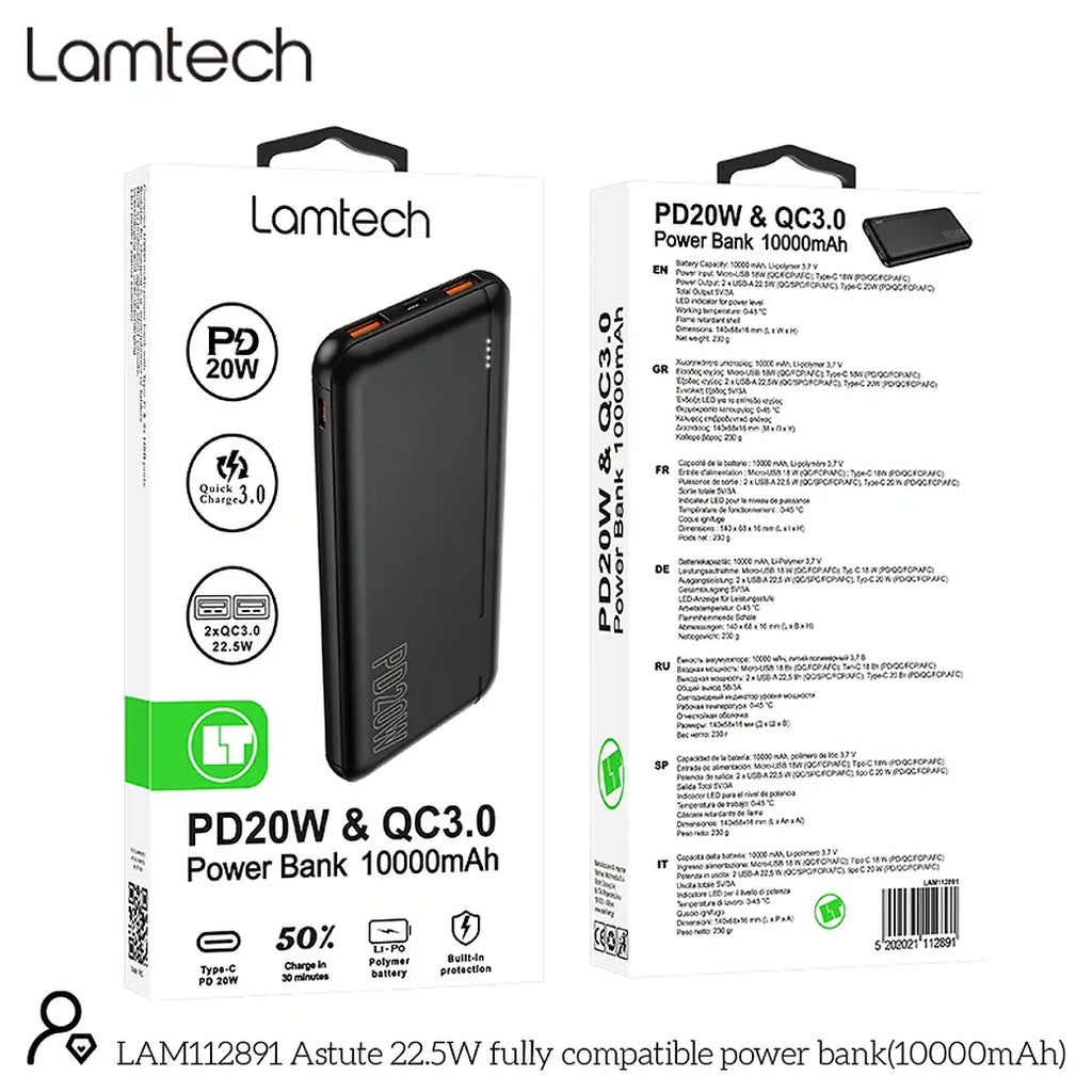 LAMTECH POWERBANK 10000MAH QC3,0+PD20W BLACK