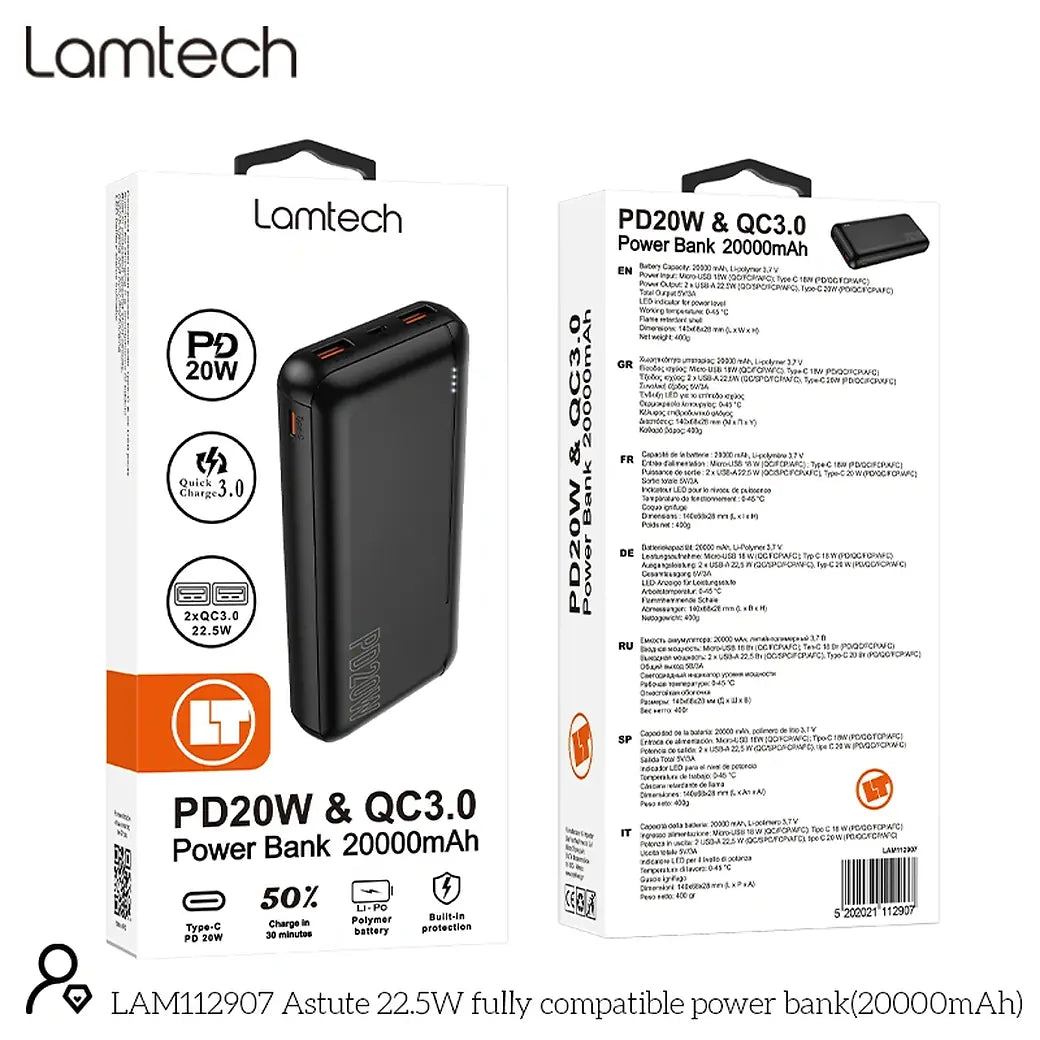 LAMTECH POWERBANK 20000MAH QC3,0+PD20W BLACK