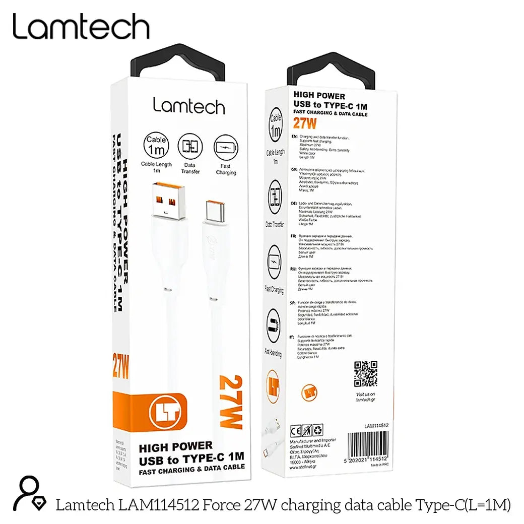 LAMTECH HIGH POWER CABLE USB TO TYPE-C 1M 27W WHITE